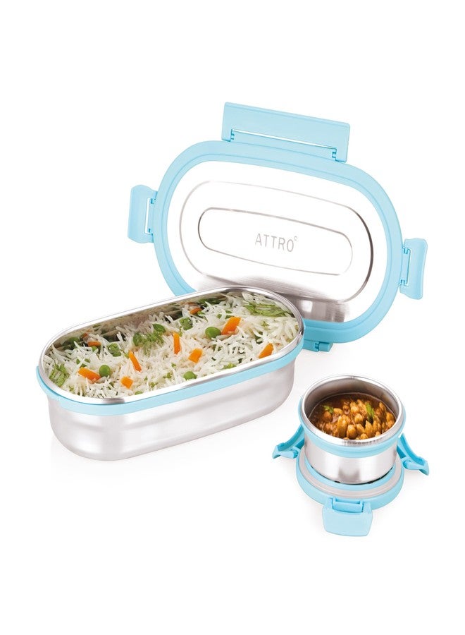 Attro Oval Stainless Steel Lunch Box with 1 Small Box Compact Design Airtight Leak Proof Lunch Box for Office, School, Picnic-650Ml+100Ml Blue - Image 1